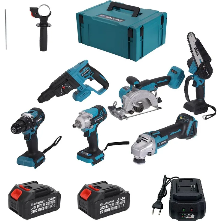INSMA Drillpro 6-in-1 Akku Werkzeugset, 18V bürstenloser Motor mit 2 Akkus und Ladegerät, inkl. Schlagbohrer, Winkelschleifer, Kettensäge, Kreissäge, Schlagschrauber im Transportkoffer