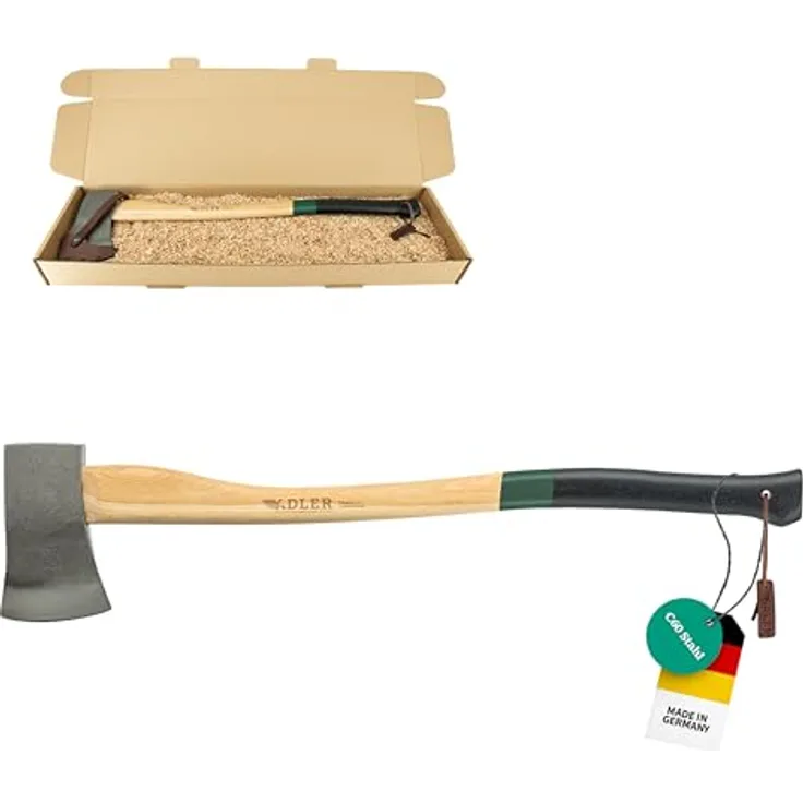 Adler Yankeeaxt inkl. Lederschutz: Geschmiedete Axt mit C60-Stahlkopf & 80 cm Hickory-Stiel, Robuste Forst- & Spaltaxt, Grün/schwarz, 1,6 kg