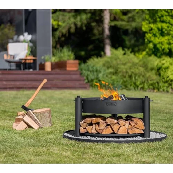 Cook King Feuerschale Montana X 60, handgeschweißt aus Rohstahl Ø 60 cm mit Holzlager, wetterfest, inklusive höhenverstellbarem Grillrost und Befestigungsmast für Garten Terrasse Outdoor – Bild 2