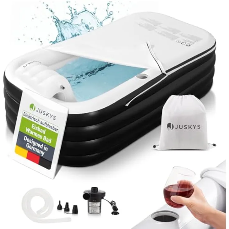 Juskys Aufblasbare Badewanne M, 300 L, platzsparend mit Rückenlehne, Pumpe und Abdeckung, Schwarz/Weiß