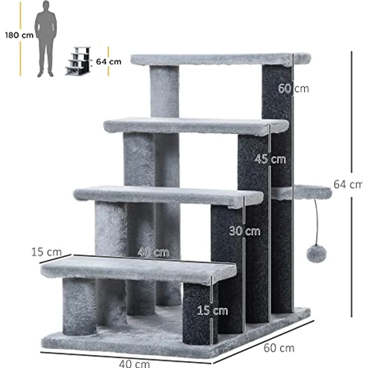 PawHut Haustiertreppe mit Kratzbaum Ball 4-stufige Katzentreppe Hundetreppe Tiertreppe Spanplatte Plüsch Jute Grau 60 x 40 x 64 cm – Bild 3