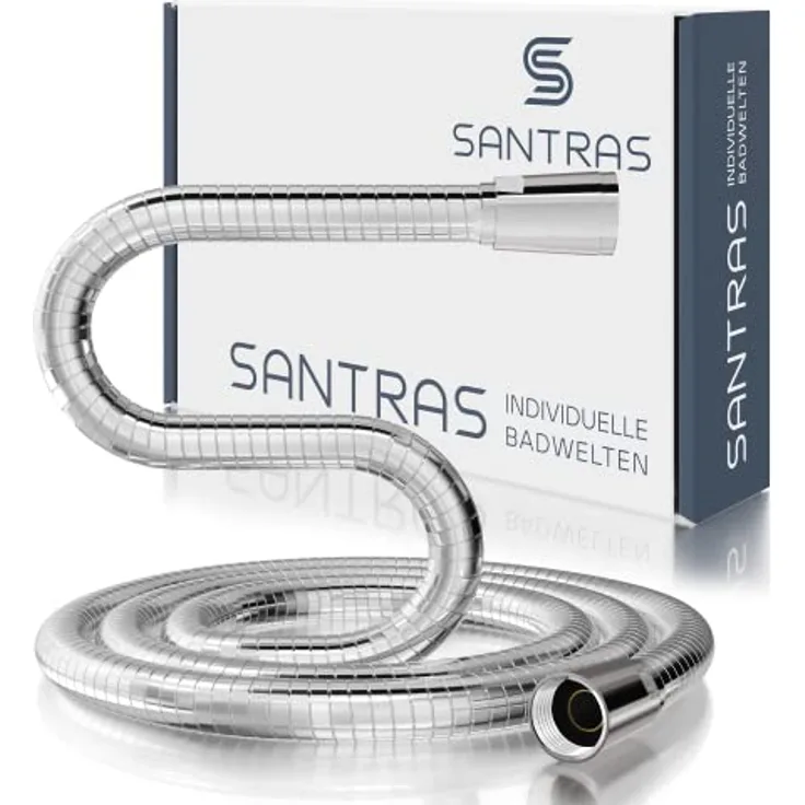 SANTRAS® Duschschlauch PREMIUM Chrom 0,50 m MADE IN GERMANY mit Wassersparer – Besonders flexibel und verdrehsicher mit DURCHFLUSSBEGRENZER – Brauseschlauch in Edelstahloptik aus Easy Clean Material