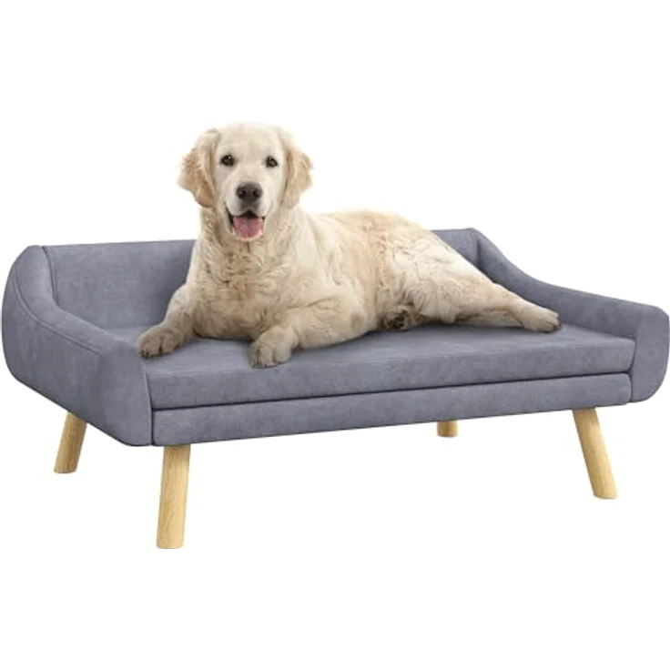 PawHut Hundesofa Katzensofa mit Rückenlehne, Hundecouch mit Holzbeine, Haustiersofa mit Kissen, Hundebett für mittelgroße und große Hunde, Samt, Grau, 102 x 58,5 x 42,5 cm – Bild 1