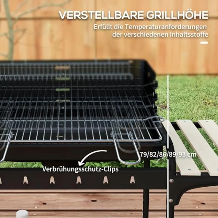 Outsunny Holzkohlegrill aus Metall BBQ Smoker mit Räder, höhenverstellbar Grillrost, Holzablage, 103x47x95 cm – Bild 4
