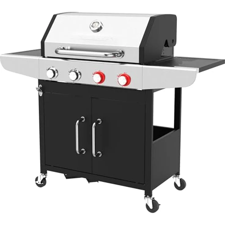ProfiCook PC GG 1311, Gasgrill mit 4 Brennern, Temperaturen bis zu 450°C, gusseiserne Roste, Temperaturanzeige und Flaschenöffner