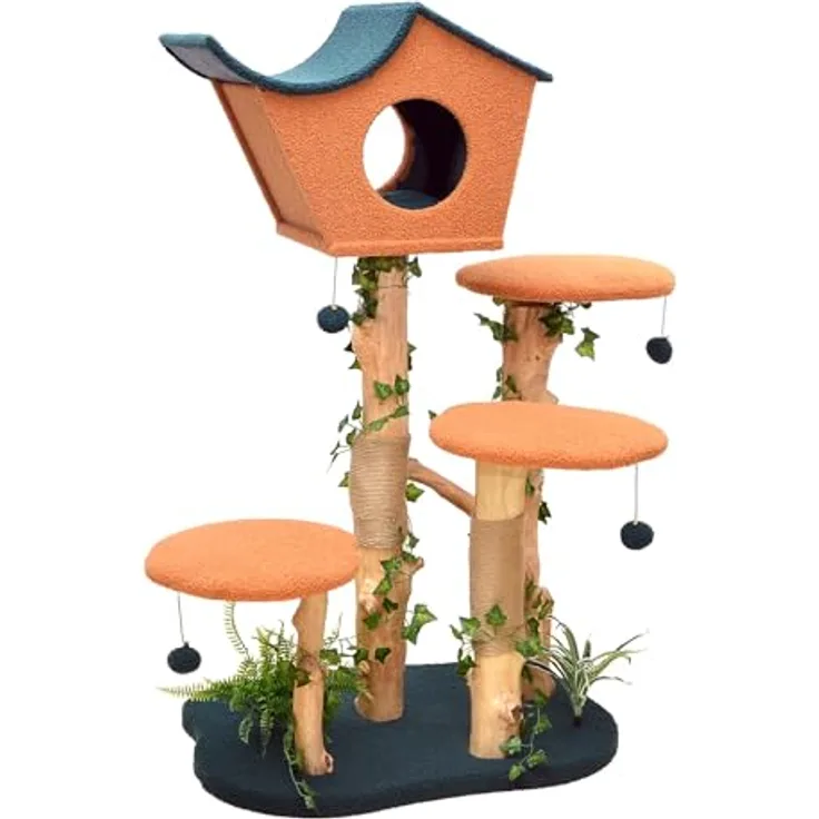 Fudajo Kratzbaum mit Pflanzendeko 135 cm, Teddyfell und Birnbaumholz, Katzenhaus mit Spielbällen, Katzenmöbel, grau