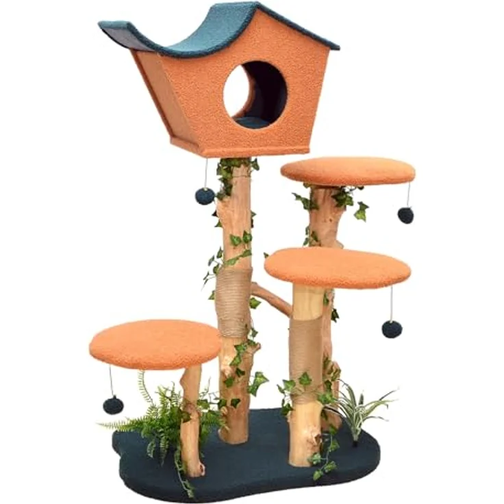 Fudajo Kratzbaum mit Pflanzendeko 135 cm, Teddyfell und Birnbaumholz, Katzenhaus mit Spielbällen, Katzenmöbel, grau – Bild 1