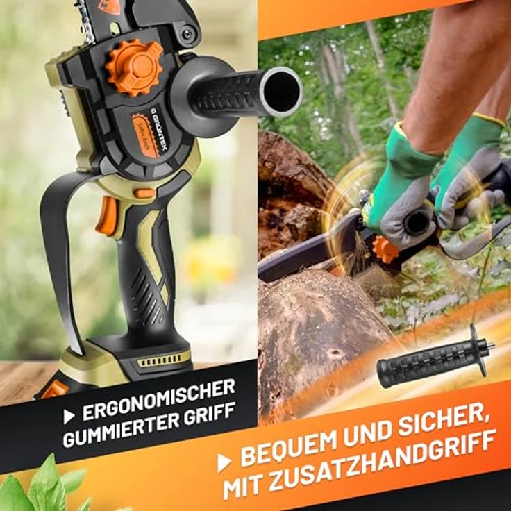 GRÜNTEK Akku Kettensäge 21V, Mini Motorsäge mit 2 Akkus, 1050W Brushless Motor, 6" und 8" Schwert, inkl. Sicherheitszubehör im Koffer – Bild 3