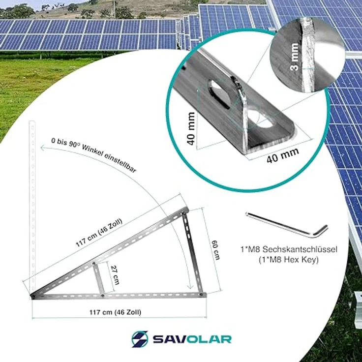 SAVOLAR 2 Paar Solarmodul Halterung Balkonkraftwerk bis 117cm (46 Zoll) Winkel Einstellbar 0-90°, Robuste Neigungshalterungen, Aluminiumlegierung, silber – Bild 5