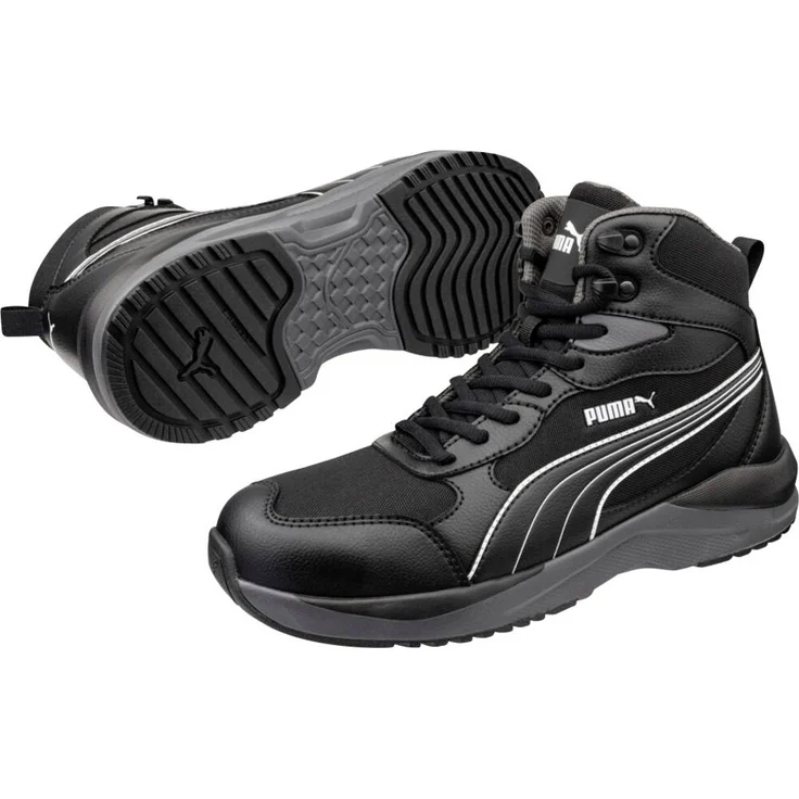 PUMA SHIFT BLK/WHITE MID S3S FO HRO SR, Sicherheitsschuh mit flexibler Anti-Durchtritt-Schutztechnologie, Größe 45, Schwarz/Weiß