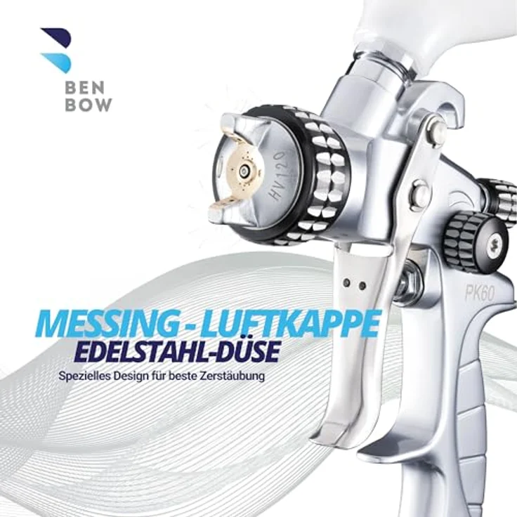 BENBOW Lackierpistole PK60, HVLP Set mit 1,4 mm + 1,8 mm Düsen, 600 ml Lackbehälter und Koffer, professionelle Spritztechnik – Bild 5