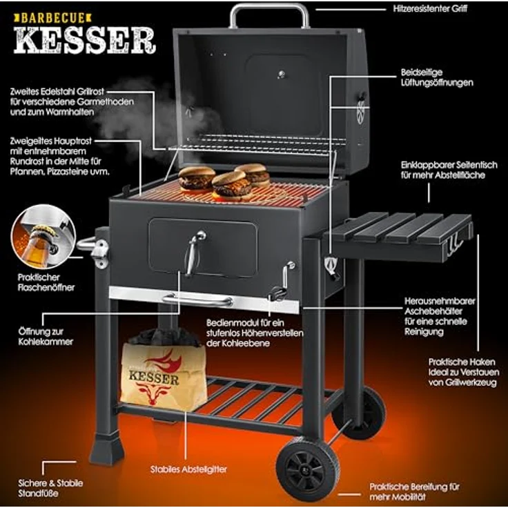 KESSER® Grill Grillwagen XL Holzkohlegrill mit Deckel, Rädern, Edelstahl-Griff, Grillrost, Bürste, Abdeckhaube und Thermometer Holzkohle kohlegrill Wagen groß Kohle BBQ Barbeque Camping, Garten – Bild 3