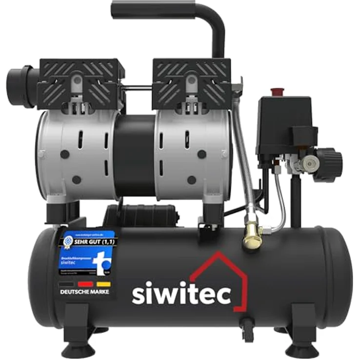 siwitec Flüsterkompressor SK-550, 550 W, 6 L Kessel, max. Druck 8 bar, 56 dB, ölfrei & wartungsarm, mit Schnell-Anschluss-Kupplung – Bild 1