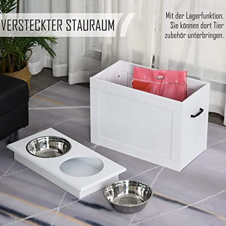 PawHut Hunde Fressnapf mit Staumraum 2 Näpfen Futterstation Edelstahlnapf Katzenapf MDF Edelstahl Weiß 60 x 30 x 41 cm – Bild 4