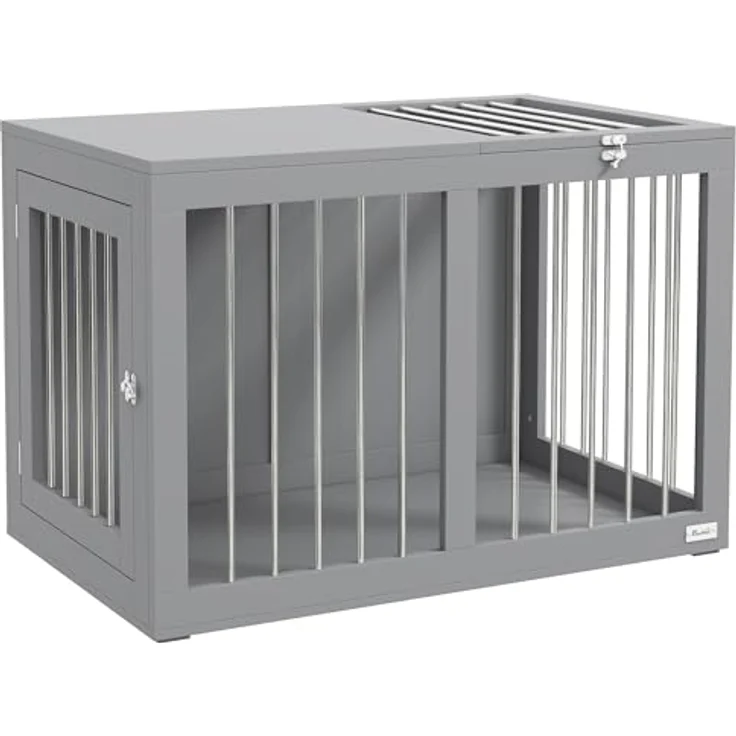 PawHut Hundekäfig für Zuhause, Hundehütte, Haustierkäfig für mittelgroße Hunde, Hundebox mit Türen, Hundehaus, Transportkäfig, Grau, 80 x 50 x 56,5 cm – Bild 1