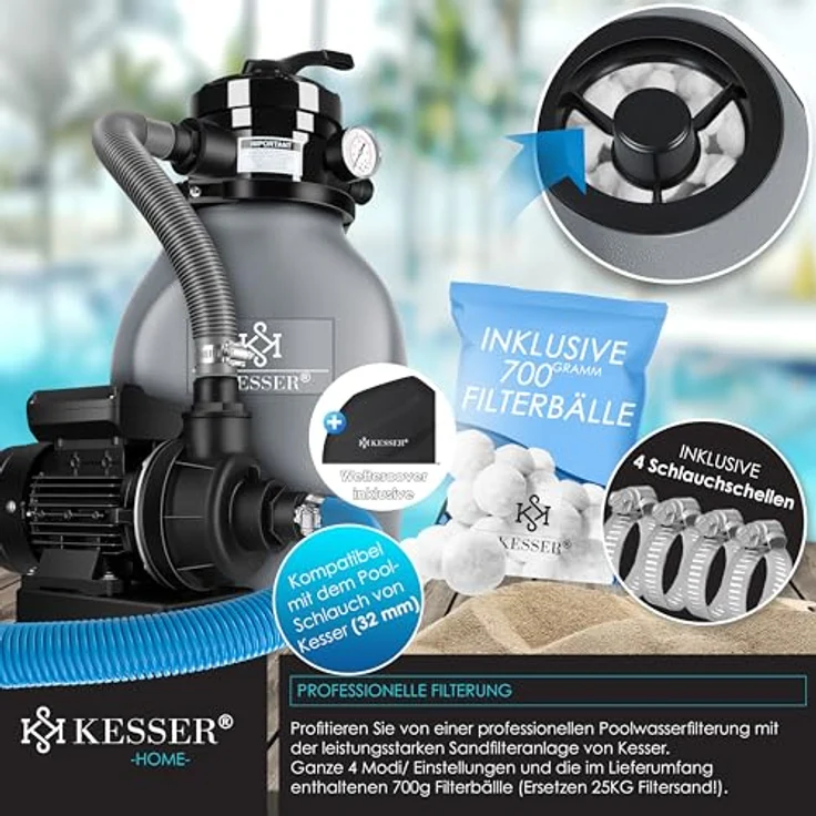 KESSER Sandfilter Sandfilteranlage + 700g Filterbälle ersetzen 25kg Filtersand- Poolfilter 10 m³-h Filteranlage Filterkessel für Pool Schwimmbecken 4-Wege Ventil , einfache Steuerung Grau – Bild 6