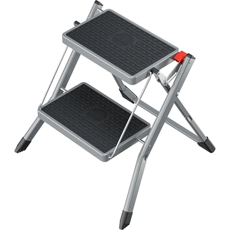 Hailo MK62 Standardline, Trittleiter aus Stahl mit 2 extra breiten Stufen, Anti-Rutsch-Matten, belastbar bis 150 kg, Klappsicherung, Tragegriff, kompakt klappbar
