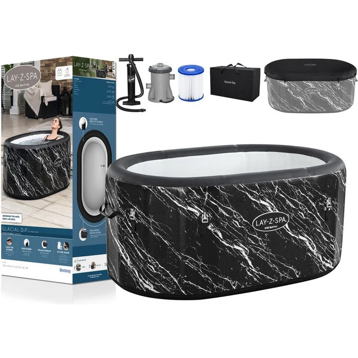 BESTWAY Badewanne Eisbad Kaltwasserbecken 420 l, aufblasbar für 2 Personen, schwarz mit Filterpumpe und Tragetasche