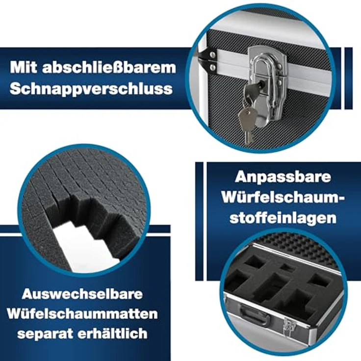 PeakTech 7300 – Universal Koffer für Messgeräte, Robuster Tragekoffer, Werkzeug Aufbewahrung, Würfelschaum Platten, Schaumstoff Polsterung, abschließbar, Staubschutz, M - 320 x 250 x 150 mm – Bild 8
