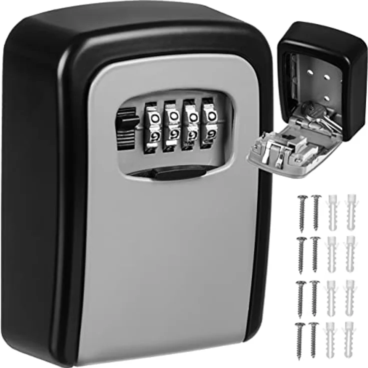 ISO TRADE Schlüsselkasten Safe, wasserdicht mit 4-stelligem Zahlencode, Schwarz/Grau, kompakte Größe 11,5 x 9,5 x 4 cm – Bild 1