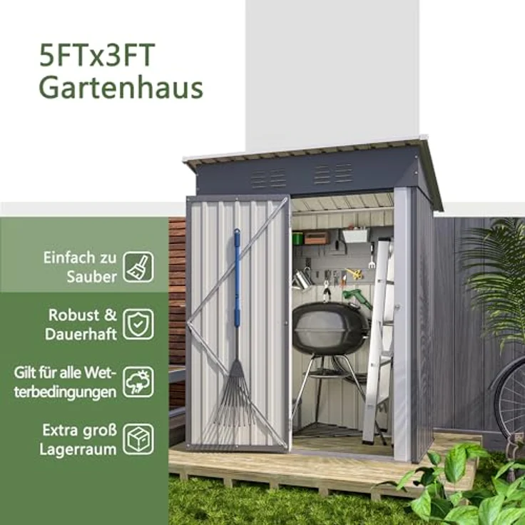 Thanaddo Geräteschuppen Gerätehaus 152 x 84 x 182 cm, 1,5m³ Stauraum, Metall Gartenschuppen mit Pultdach Belüftungslöcher, wetterfest Lagerschuppen im Freien für Outdoor (Grau) – Bild 5