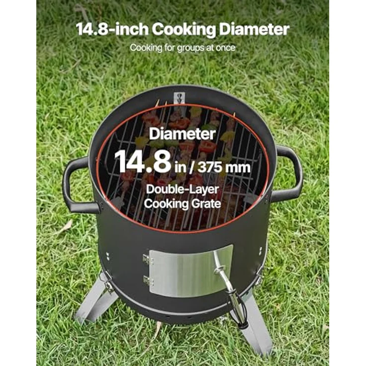 VEVOR Räuchertonne, 40 cm vertikaler Holzkohlegrill aus beschichtetem Stahl mit 2 Grillrosten, Thermometer und herausnehmbarer Ascheschale, BBQ Räucherofen für Grillpartys – Bild 3
