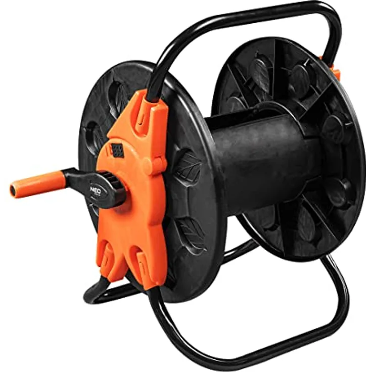 NEO TOOLS Schlauchtrommel für Gartenschlauch bis 60 m (1/2") - Hochwertiger Kunststoff (PP, ABS) und Stahl, Schwarz/Orange, verhindert Schlauchknicken, klappbarer Griff für einfachen Transport