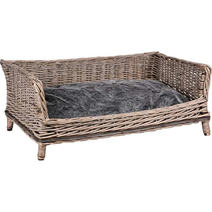 UNUS RM E-Commerce Hundebett Hundekorb Hundekörbchen aus Weide eckig mit Kissen grau für große und kleine Hunde 80cm Breite