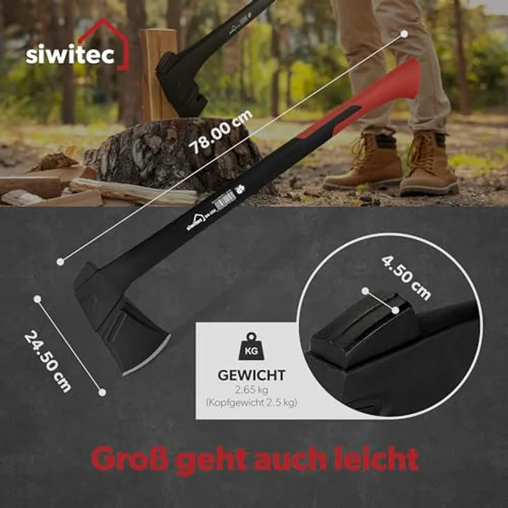 siwitec Axt SN-250 inkl. Klingenschutz, Spaltaxt mit 250 Gramm Kopfgewicht, Axt zum Holz spalten mit glasfaserverstärktem Kunststoff-Stiel und C45 Carbon Klinge, Spalthammer – Bild 2