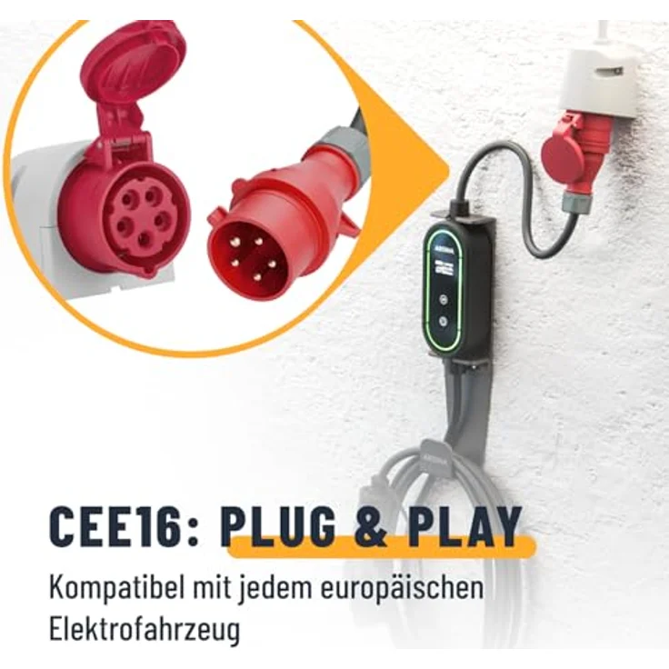 Absina mobile Ladestation Wallbox Typ 2, 11 kW, 6,4 m Kabel, schwarz, mit einstellbarem Ladestrom, IP67 wasserdicht und sicherem Überfahrschutz – Bild 3