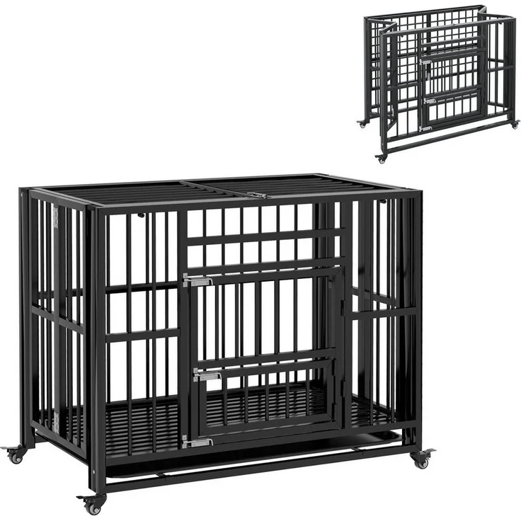 PawHut HundehГјtte Hundebox, Stahl, Schwarz, zusammenklappbar, mit großer TГјr und UniversalrГ¤dern, 94L x 58B x 78H cm – Bild 1