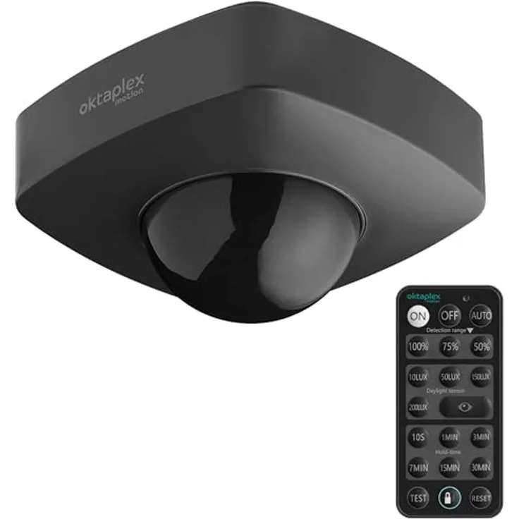 Oktaplex motion Bewegungsmelder Tim, 360 Grad Deckenbewegungsmelder mit PIR Sensor IP65, inkl. Fernbedienung, Reichweite bis 9m, anthrazit