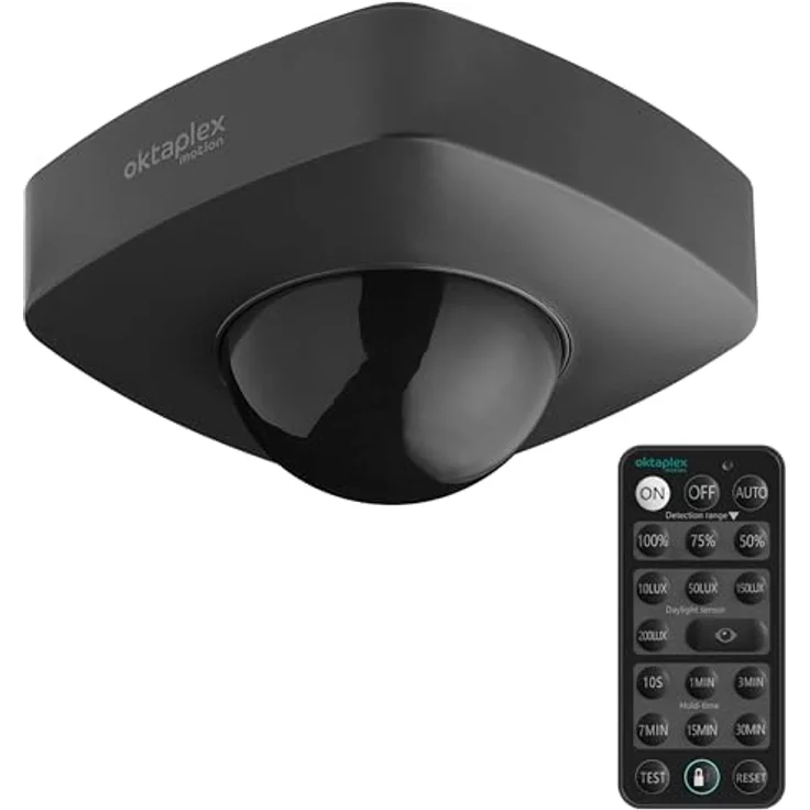 Oktaplex motion Bewegungsmelder Tim, 360 Grad Deckenbewegungsmelder mit PIR Sensor IP65, inkl. Fernbedienung, Reichweite bis 9m, anthrazit – Bild 1