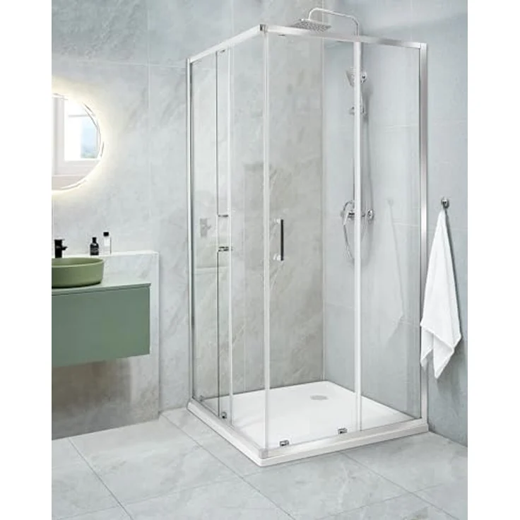 Beliani Duschkabine Silber, Sicherheitsglas mit Aluminium Rahmen, Eckeinstieg, Magnetschloss, doppelte Schiebetüren, 90x90x185cm, modernes Design – Bild 2