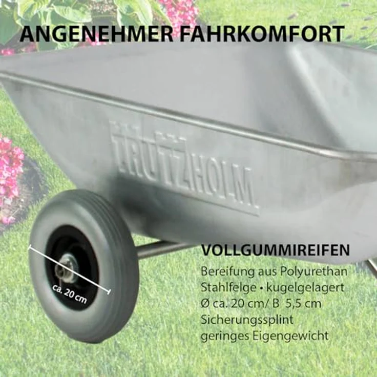 TRUTZHOLM Schubkarre Einhandkarre, robuste Gartenkarre mit 100 kg Traglast und Vollgummirädern, verzinkter Stahlrahmen, 75 L Volumen – Bild 4