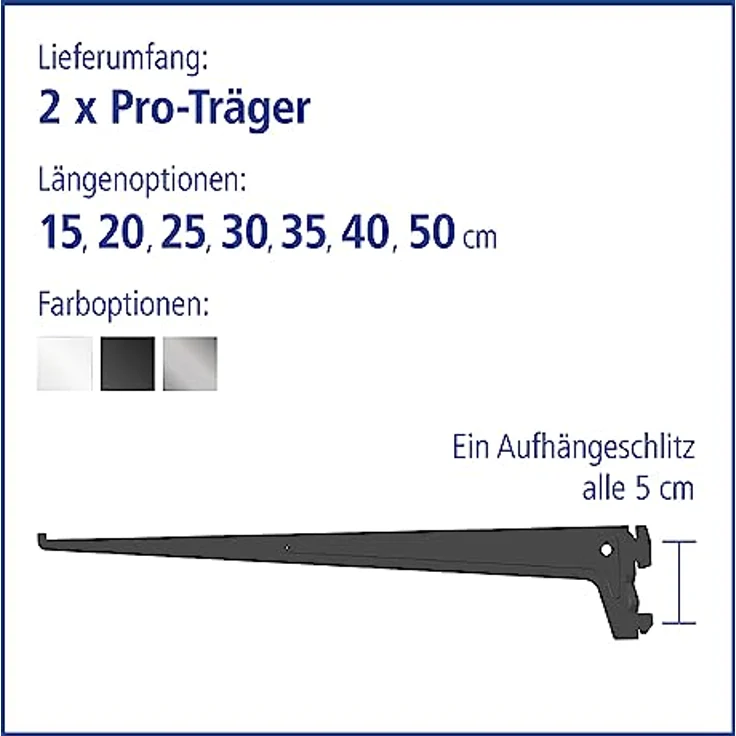 Element System 18133-00019 PRO-Träger Regalträger 1-reihig - 2 Stück - 7 Abmessungen - 3 Farben-L = 50 cm-schwarz-für Regalsystem-Wandschiene – Bild 4