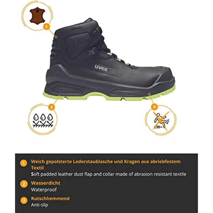 Uvex Safety 6872251 Sicherheitsschuh S3, robuster Sicherheitsstiefel in Schwarz und Gelb, Schuhgröße EU 51, ESD, wasserabweisendes Leder, atmungsaktive Materialien – Bild 5