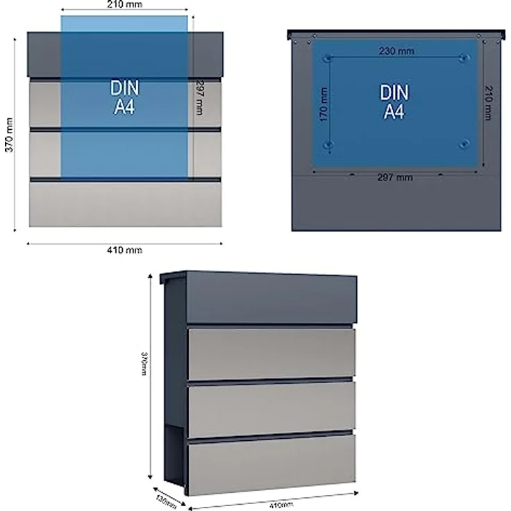 Toboli Briefkasten V64 Anthrazit und Edelstahl 410 x 130 x 370 mm, abschließbar, Soft Close Klappe, Zeitungsfach – Bild 4
