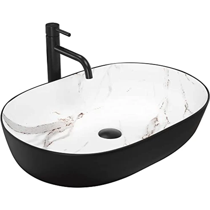 Rea Aufsatzwaschbecken CLEO BLACK AIAX MATT Waschtisch Handwaschbecken Spülbecken Waschschale Waschbecken für Badezimmer aus hochwertiger Keramik 410 x 605 x 140 mm (Schwarz, Steinimitat) – Bild 1