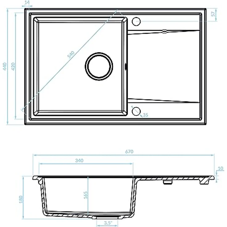 KOLMAN Granitspüle 44x67 cm HUNTER Spülbecken Einzelbecken Schwarz mit Space Saving Siphon, tiefes Becken für große Töpfe und Backbleche – Bild 5