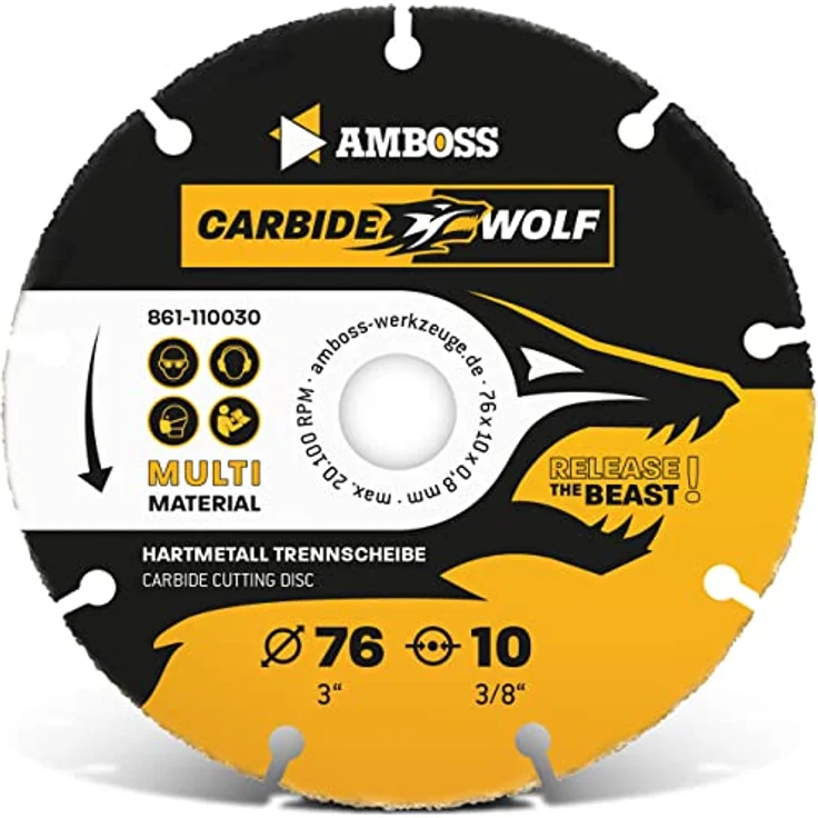 Amboss Carbide Wolf Ø 76mm, Multi Hartmetall Trennscheibe für Winkelschleifer - für Holz mit Nägeln, Kunststoff, Gips - selbstschärfend, rückschlagfrei, hohe Standzeit – Bild 1