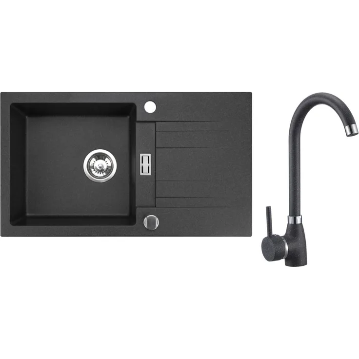 manestein Granitspüle Athena Schwarz mit Armatur und Siphon 76x44cm, Rechteck, Fleckenbeständig, Graphit-Schwarz - Preisvergleich