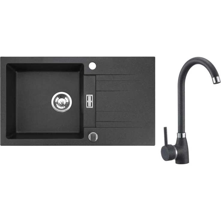 manestein Granitspüle Athena Schwarz mit Armatur und Siphon 76x44cm, Rechteck, Fleckenbeständig, Graphit-Schwarz - Preisvergleich
