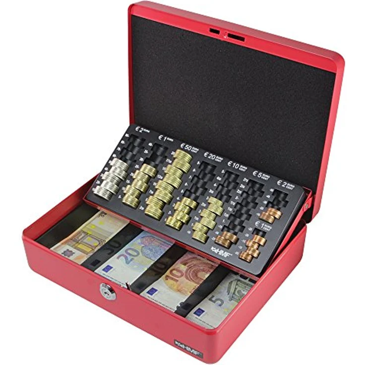 HMF 10015-03 Geldkassette Geldzählkassette 30 x 24 x 9 cm, Rot, Euro-Münzeinsatz, Banknotenfächer, Sicherheitszylinderschloss – Bild 2