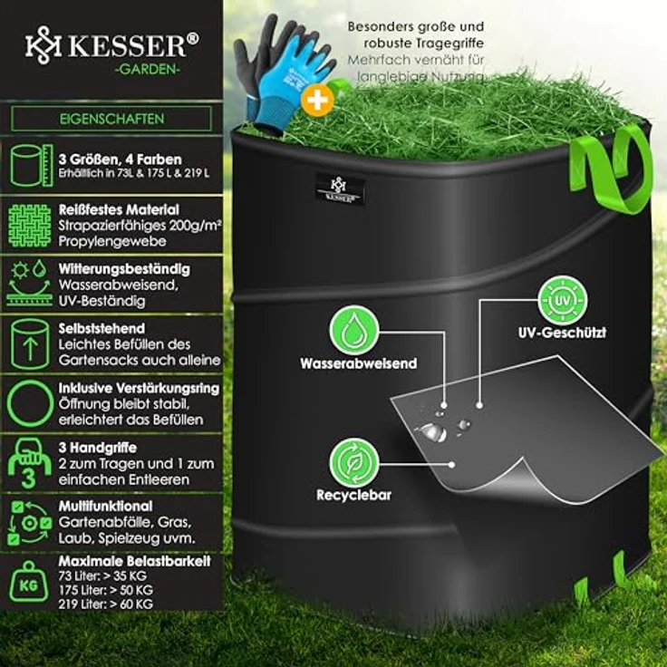 KESSER® Pop-Up-Gartensack 73L Laubsack Gartenabfallsack inkl. Handschuhe | Selbststehend mit Griffen Stabil Robust & Faltbar | Grünschnitt-Gartensack in Schwarz – Bild 2