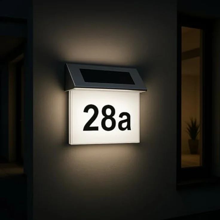 MeLiTec Solar-Hausnummer SH01, moderne LED-beleuchtete Hausnummer, wasserdicht, aus Edelstahl, kabellos mit Ziffern- & Buchstabenset – Bild 1