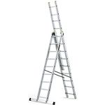 DRABEST Leiter PRO Serie Aluminium Leiter 3-teilig Schiebeleitern 9 Stufen Mehrzweckleiter Arbeitshöhe 6,32 m Belastbarkeit 150 kg inkl. Eimerhaken