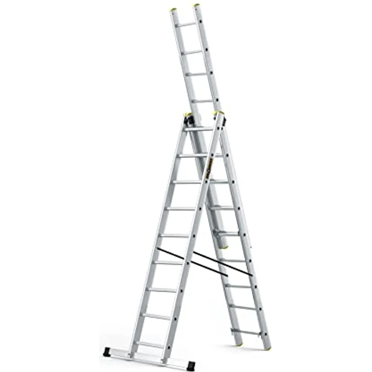 DRABEST Leiter PRO Serie Aluminium Leiter 3-teilig Schiebeleitern 9 Stufen Mehrzweckleiter Arbeitshöhe 6,32 m Belastbarkeit 150 kg inkl. Eimerhaken – Bild 1