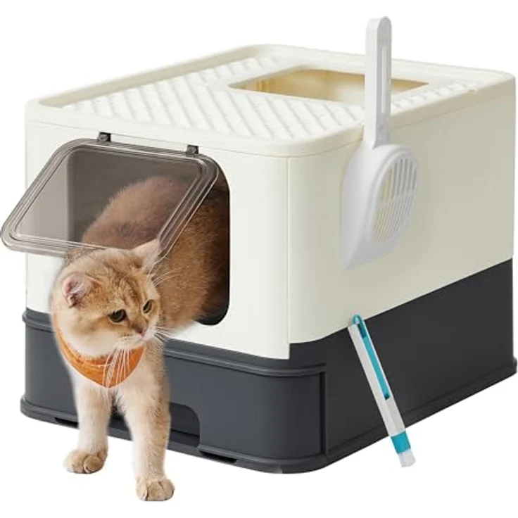 Feandrea Katzenklo, Katzentoilette, mit Deckel, ausziehbares Tablett, Schaufel, Bürste, geräumig für Katzen bis 15 kg, weniger Spuren, auslaufsicherer Boden, beige-schwarz PPT001W01 – Bild 1