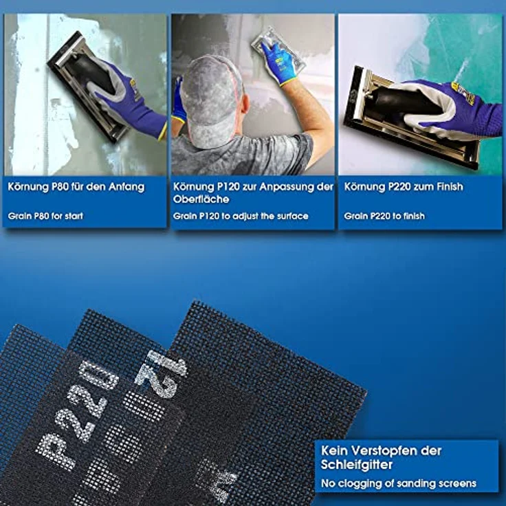 S&R Trockenbau Schleifgitter Set, 30 Gitterleinen Schleifblätter (je 10 x P80, P120, P220), 280 x 93 mm, mit Handschleifer 240 x 80 mm, robustes Siliziumkarbid Korn, ideal für Rigips, Holz, Metall – Bild 4